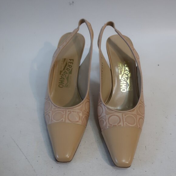 Authentic Salvatore Ferragamo Nude Gancini Embossed Slingback Heels Pumps 8 - Picture 5 of 12